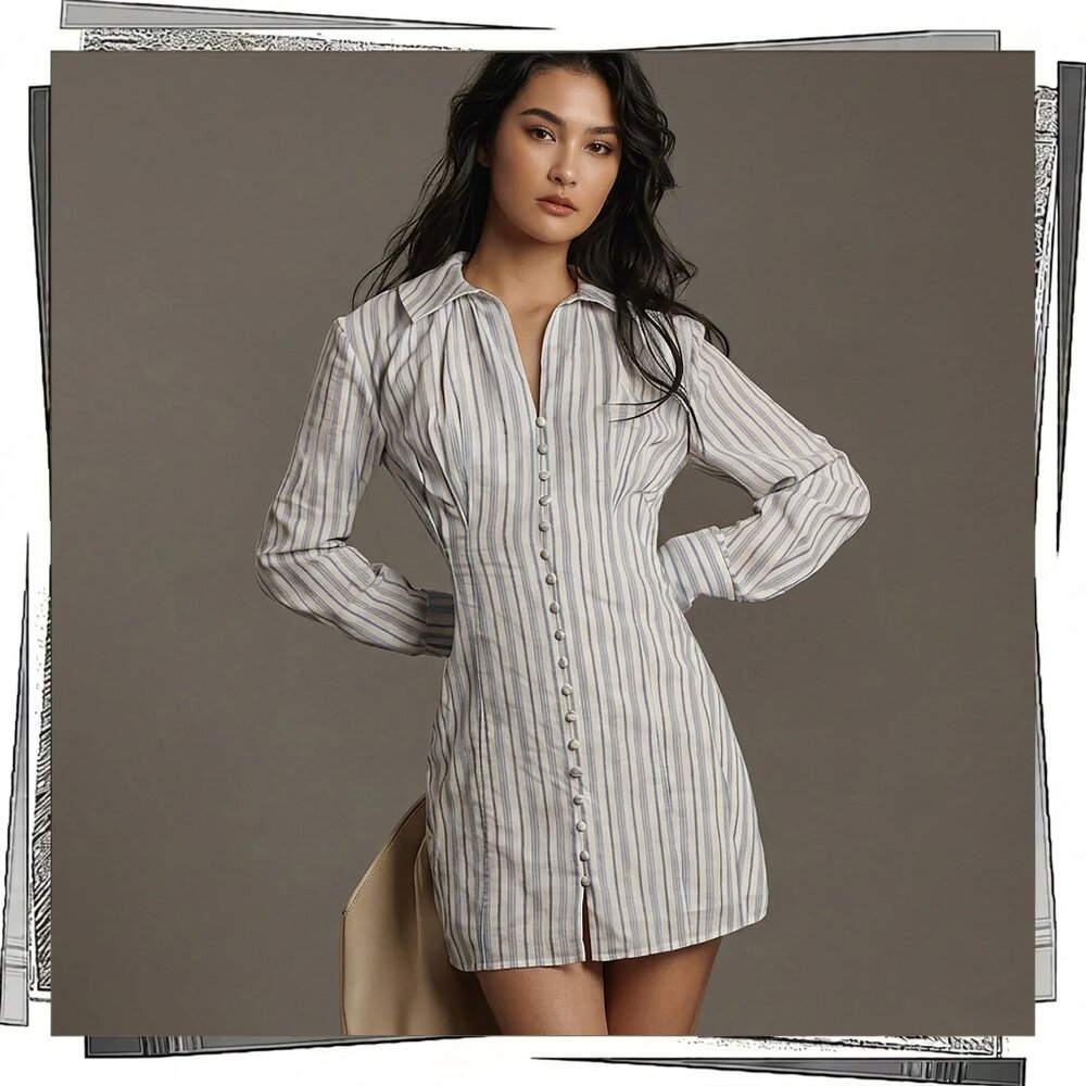 NWT: Blue & White Fit & Flare Button Front Shirt Dress (S) English Factory